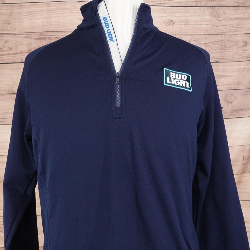 Bud Light Pullover Mens M Blue 1/4 Zip Mock Neck Raglan Sleeve Casual Logo
